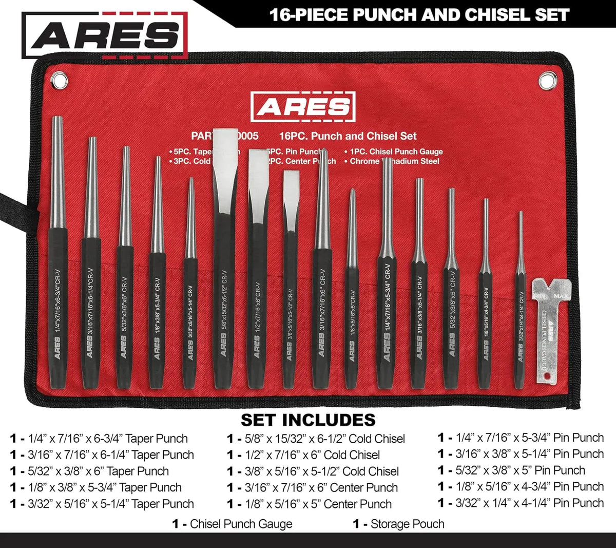 16-Piece Punch and Chisel Set - Tapered, Pin, Center Punches & Cold Chisels, Chrome Vanadium Steel, Black Phosphate