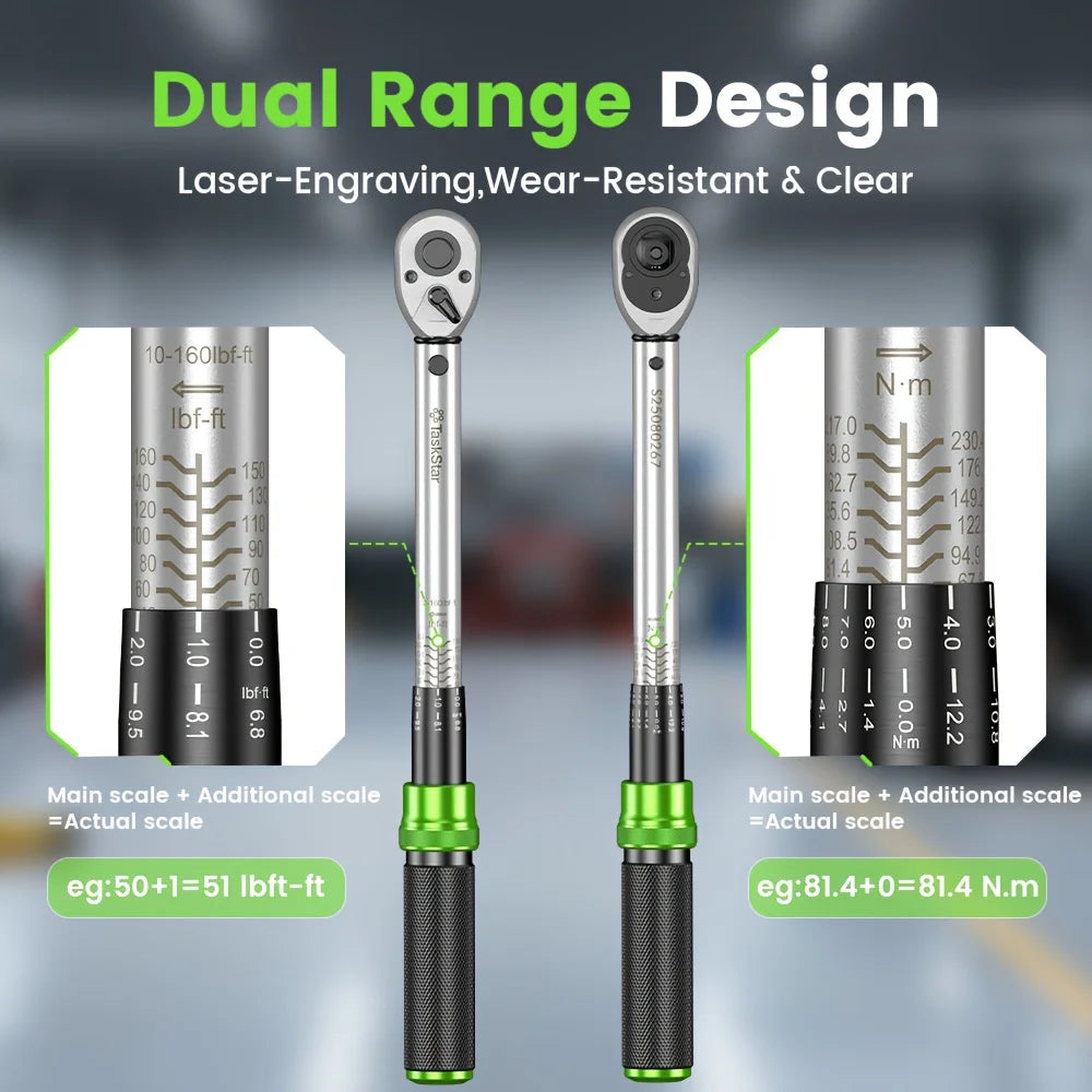 TaskStar 1/4"&3/8"&1/2" Drive Click Torque Wrench Kit 8pcs ±3% Accuracy 72 Tooth Dual Scale Ratchet Wrench for Bike/Moto Repair