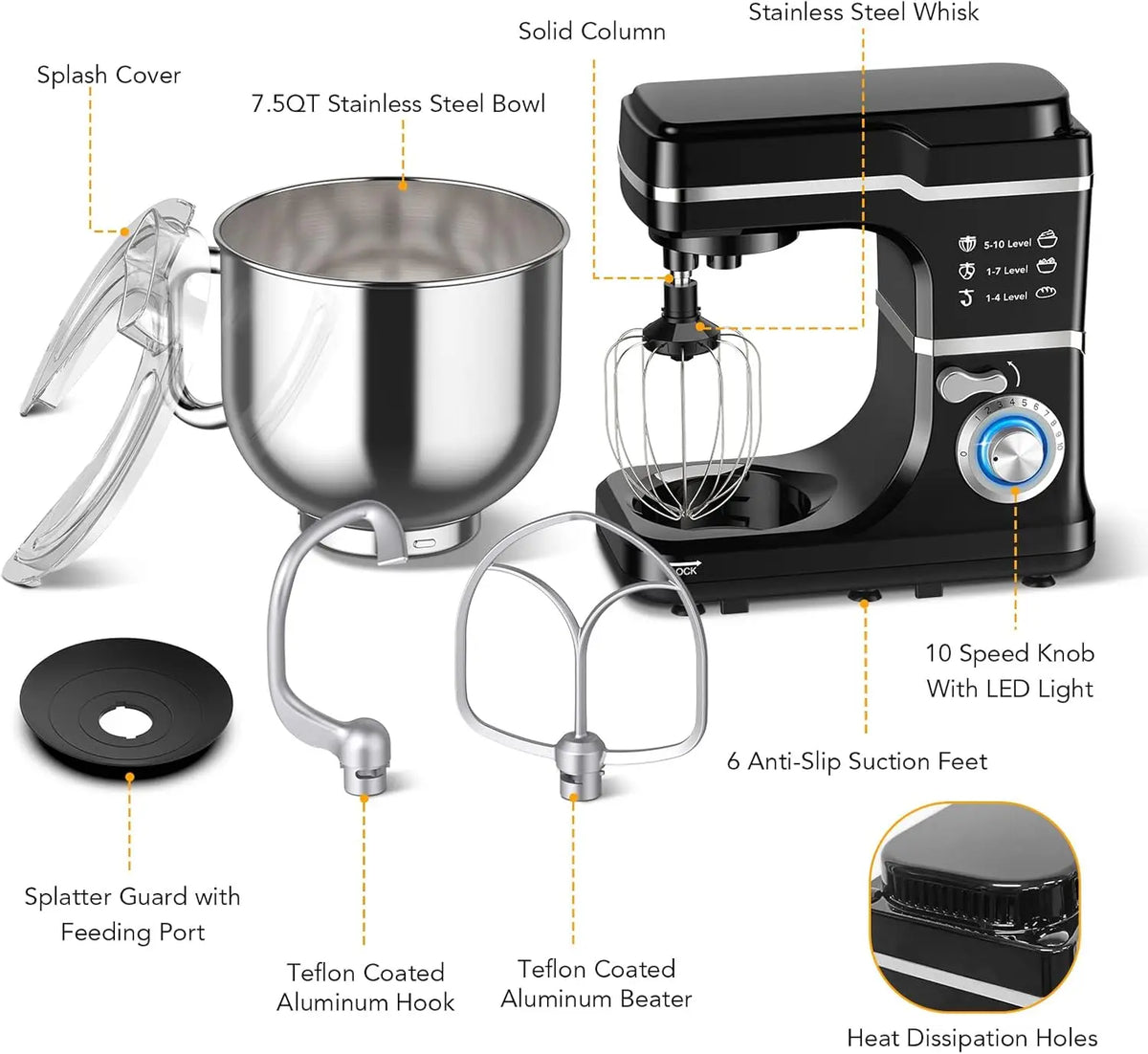 TWISTER.CK Black 7.5Qt Stand Mixer, 660W 10-Speed Tilt-Head – Copper Motor, Stainless Bowl, Includes Dough Hook, Beater & Whisk, Splash Guard, Non-Slip Base
