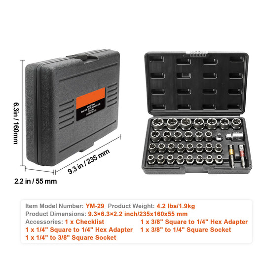 SucceBuy 29PCs Bolt Extractor Set Bolt and Nut Remover Set 6mm to 10mm 13/32" to 3/4" CR-MO Steel Extraction Socket Set