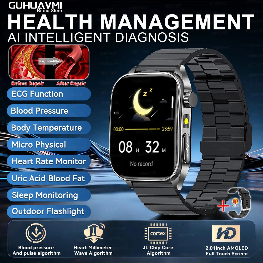 2026 New 650nm Laser Therapy Health Smartwatch Men ECG Blood Pressure Lipid Uric Acid Bluetooth Call Smart Watch For Android IOS