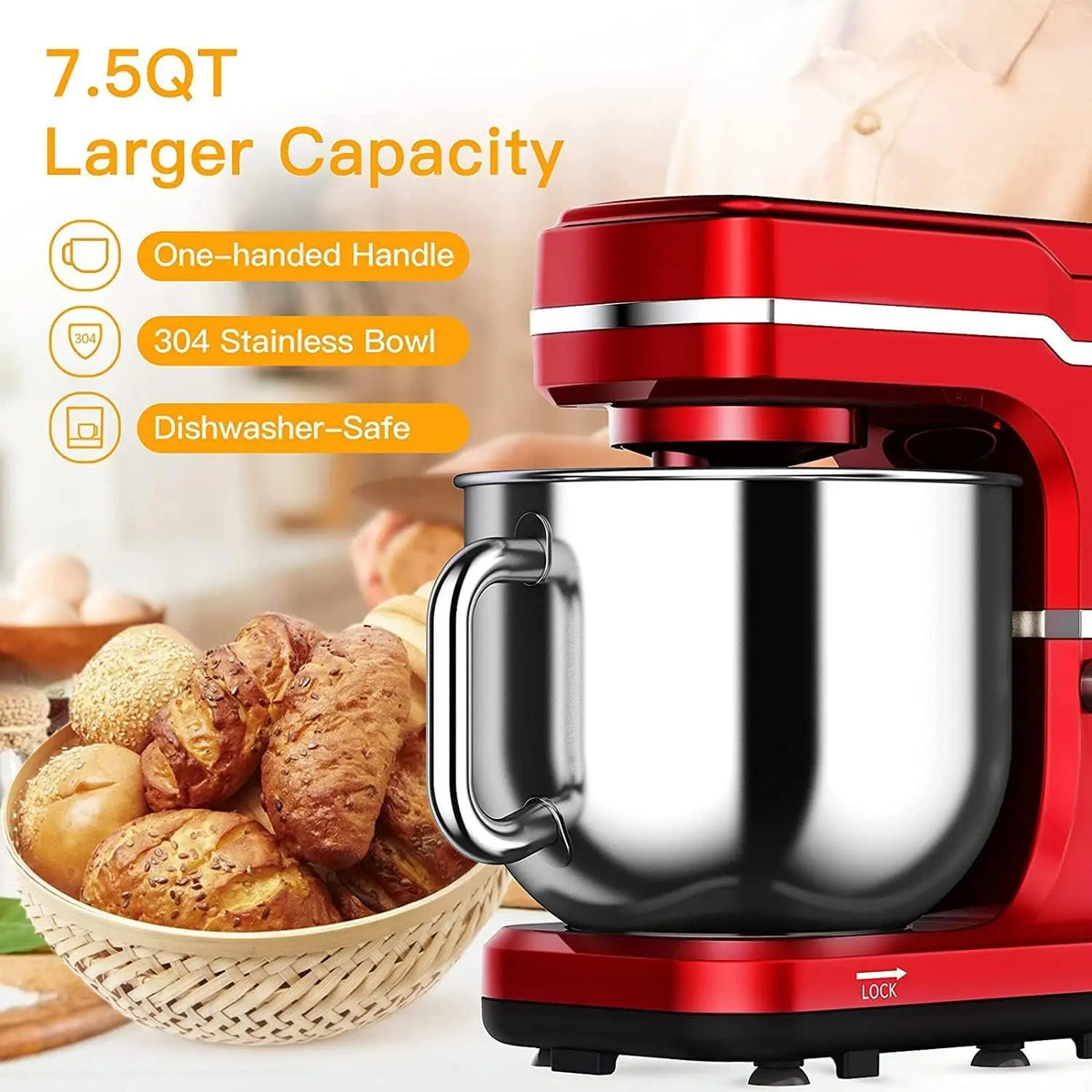 TWISTER.CK 7.5QT 10-Speed Tilt-Head Stand Mixer – Low Noise Electric Kitchen Mixer, 3-in-1 with Dough Hook, Whisk, Beater & Splash-Proof Cover, for Daily Use